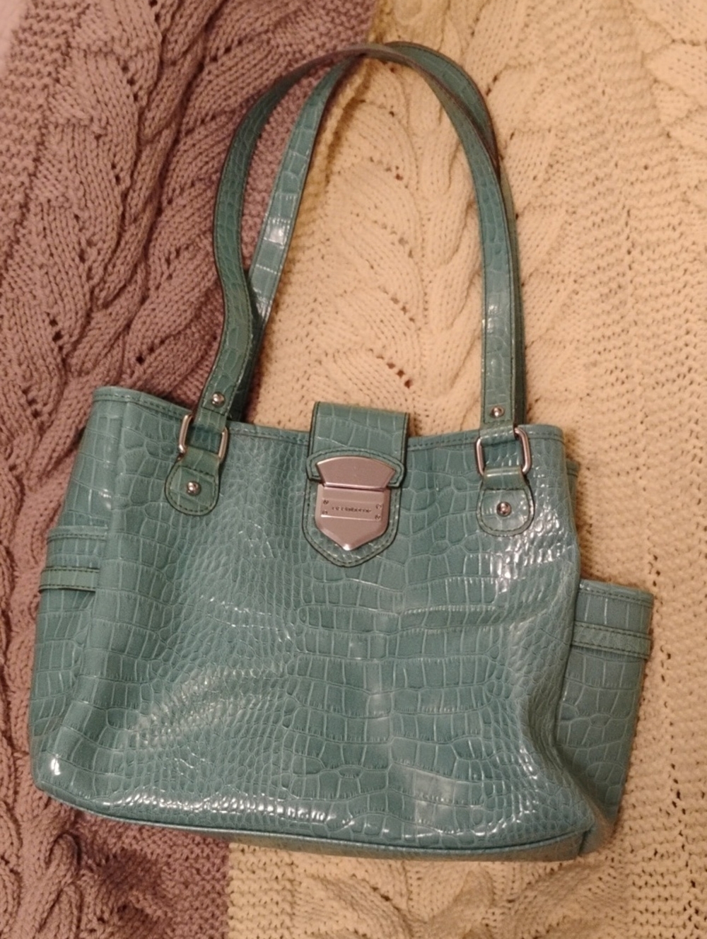 Liz Claiborne 3-Piece Matching Teal Croc Embossed Shoulder Bag Tote Wallet Pouch